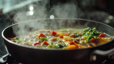 A close-up of a hot pot on the stove, steaming with rich broth and filled with fresh vegetables and meat.の素材