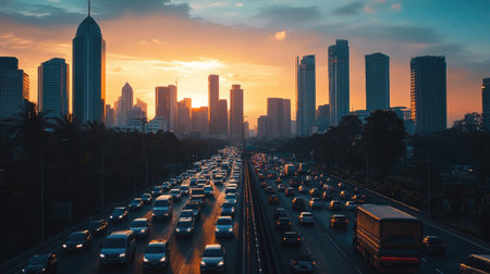A busy highway filled with cars and trucks during rush hour, with tall skyscrapers in the background.の素材