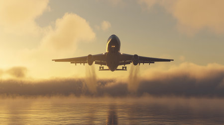 A commercial airplane lifting off in the early morning light, with a calm sky and minimal clouds around it.の素材
