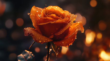 A beautiful orange rose with water droplets clinging to the petals, creating a refreshing and vibrant scene.の素材