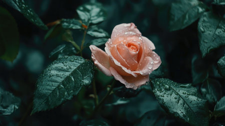 A delicate pink rose with tiny water droplets on its petals, surrounded by lush green leaves.の素材