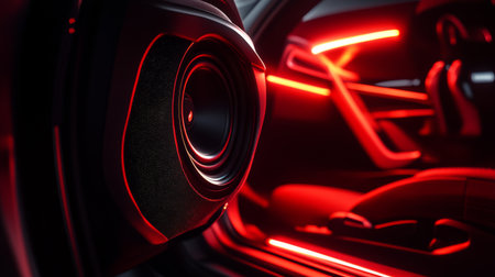A striking close-up of a car audio speaker illuminated by red ambient lighting. The modern design showcases sleek lines and high-quality materials, perfect for automotive enthusiasts.の素材