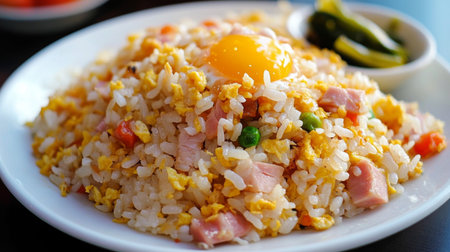 A vibrant plate of fried rice garnished with a sunny-side-up egg and fresh vegetables. Perfect for a cozy meal or restaurant showcase.の素材