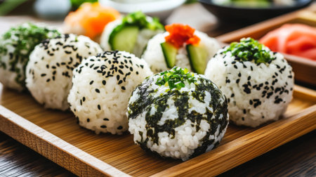 Freshly made sushi balls adorned with vibrant toppings sit on a wooden plate. This image captures the essence of Japanese cuisine with a colorful and appetizing presentation.の素材