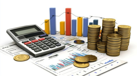 A detailed financial analysis image featuring a calculator, stacked coins, and colorful charts, ideal for business presentations and financial discussions.の素材