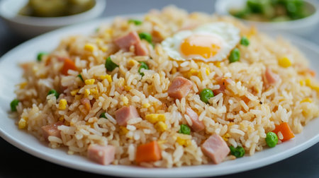 A stunning plate of fried rice adorned with a perfectly cooked egg, fresh peas, sweet corn, and savory ham. Perfect for any meal!の素材
