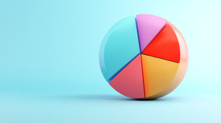 A vibrant pie chart in various colors rests against a soft blue background, ideal for presentations, reports, or digital marketing projects about data analysis and statistics.の素材