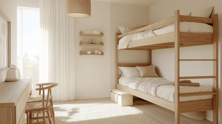 A bright children's bedroom featuring comfortable wooden bunk beds, soft bedding, and minimal decor. The space radiates warmth and tranquility.の素材