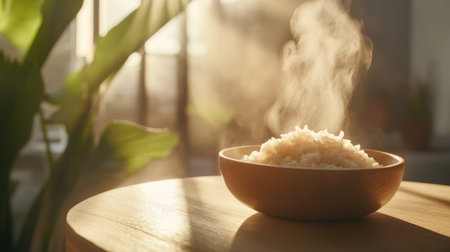 A steaming bowl of white rice sits on a wooden table, illuminated by soft, natural light. The warm steam rising creates an inviting and cozy atmosphere, perfect for a home meal.の素材