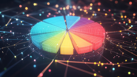A vibrant 3D pie chart showcases data analysis against a digital backdrop, featuring connecting dots and bright colors, ideal for business and technology themes.の素材