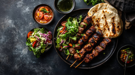 A vibrant spread featuring grilled skewers, fresh salads, and homemade flatbreads, perfect for summer gatherings and outdoor dining experiences.の素材