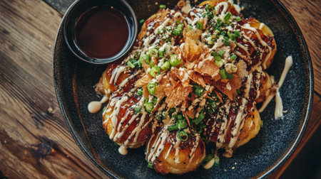 Enjoy a plate of exquisite takoyaki balls, a popular Japanese street food, drizzled with savory sauces and topped with crispy bits and green onions.の素材