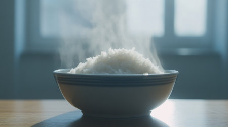 A close-up view of a steaming bowl of white rice placed on a wooden table. The warm aroma and texture highlight the simplicity of this nutritious dish.の素材