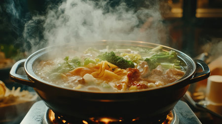 A flavorful hot pot steaming with fresh vegetables, meats, and noodles, served in a cozy restaurant setting.の素材