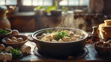 A deliciously steaming hot pot on a wooden table with a variety of fresh ingredients like tofu, mushrooms, and herbs.の素材