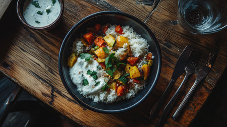 A freshly cooked, hot bowl of Indian pulao rice, served with spiced vegetables and accompanied by yogurt.の素材