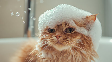A fluffy cat, bathed and bubbly, with soap bubbles on its head, ready to be pampered with a towel.の素材