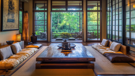 A Japanese-inspired room with tatami mats, sliding shoji doors, and a low wooden table.の素材