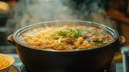 A flavorful hot pot steaming with fresh vegetables, meats, and noodles, served in a cozy restaurant setting.の素材