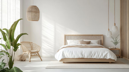 A minimalist bedroom in Japanese style featuring a clean, simple layout with bamboo and paper elements.の素材