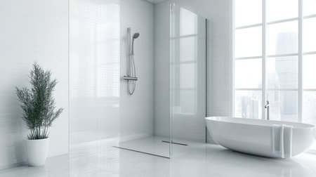 A minimalist bathroom with sleek, modern fixtures, white tiles, and a large glass shower.の素材