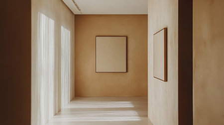 A minimalist hallway featuring a simple, neutral color palette and a subtle art piece on the wall.の素材