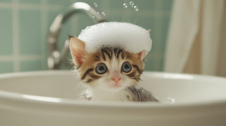 A kitten being bathed gently, with soap bubbles on its head, in a small white sink.の素材