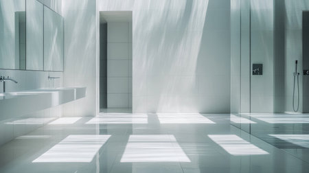 A minimalist bathroom with sleek, modern fixtures, white tiles, and a large glass shower.の素材