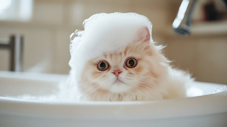 A fluffy white cat with foam and soap bubbles on its head, looking relaxed during a bath.の素材