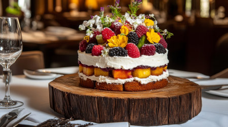 A stunning multi-layered cake adorned with fresh berries and edible flowers, beautifully presented on a wooden board, perfect for any celebration or dining experience.の素材