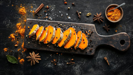 An artistic arrangement of vibrant pumpkin slices on a rustic wooden board, surrounded by an array of aromatic spices. Perfect for autumn recipes.の素材