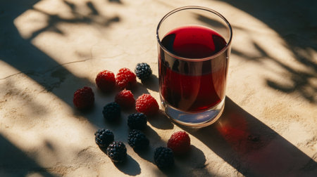 A refreshing glass of berry juice sits elegantly on a rustic surface, accompanied by fresh raspberries and blackberries, captured in soft sunlight.の素材