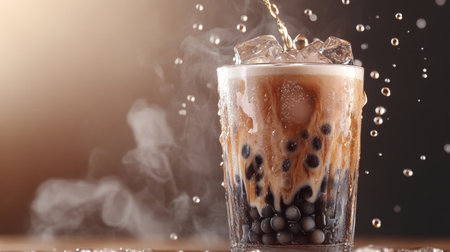 A vibrant glass of bubble tea filled with ice cubes and bursting with flavor. Perfectly captures the refreshing essence of this popular beverage.の素材