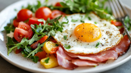 A delicious breakfast plate featuring a fried egg, fresh greens, and ripe tomatoes, perfect for a healthy start to your day. Enjoy the vibrant flavors!の素材