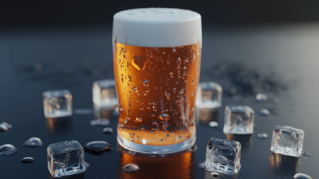 A refreshing glass of beer sits on a dark surface surrounded by ice cubes. The inviting amber liquid is topped with a frothy foam and displays condensation droplets.の素材