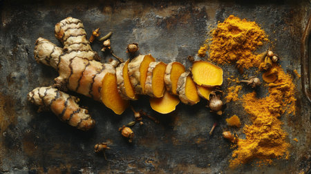 Fresh turmeric root sliced revealing vibrant yellow flesh next to ground turmeric powder, perfect for culinary and health-focused projects showcasing natural ingredients.の素材