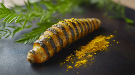 A beautifully grilled carrot sprinkled with spices sits on a wooden board, surrounded by fresh greens, perfect for highlighting healthy, vibrant cooking.の素材