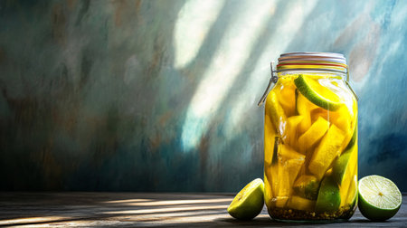 A vibrant jar filled with fresh homemade pickles and lime, set on a rustic wooden table. The play of light and shadow highlights the texture and colors, evoking a sense of freshness and natural ingredients.の素材