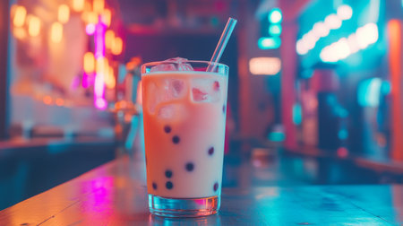 A refreshing glass of milk tea with bubbles sits on a wooden table, illuminated by vibrant neon lights, creating an inviting and modern cafe atmosphere.の素材
