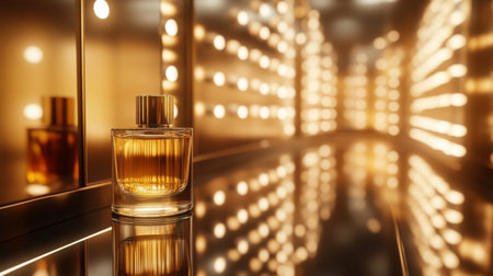 A beautiful perfume bottle captures the essence of luxury with its golden liquid, set against a backdrop of warm lights creating an inviting atmosphere.の素材