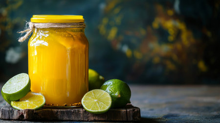 Bright glass jar filled with fresh lime preserves, surrounded by sliced limes on a rustic wooden base. Perfect for culinary creations or decor.の素材