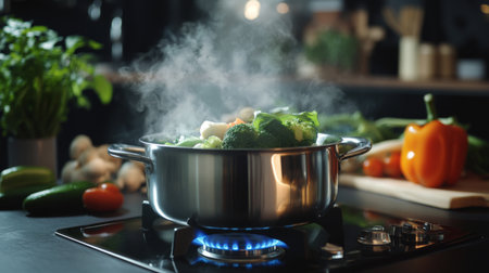 A stainless steel pot filled with fresh vegetables emits steam on a gas stove, showcasing the vibrant colors of broccoli and bell pepper, creating a cozy cooking atmosphere.の素材