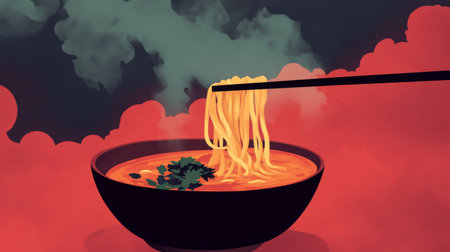 A captivating bowl of steaming noodles topped with fresh herbs, set against a colorful and dramatic background. Perfect for food enthusiasts.の素材