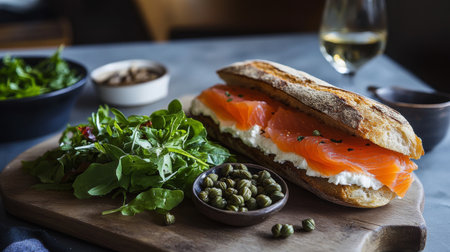 Enjoy a mouthwatering salmon sandwich on artisanal bread complemented by a fresh side salad. Perfect for a healthy meal or gourmet snack.の素材