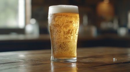 A close-up view of a cold beer in a clear glass, showcasing the refreshing amber liquid with foam and condensation, perfect for relaxation and enjoyment.の素材