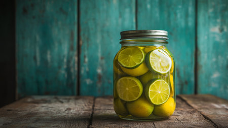 A captivating image of fresh green limes preserved in a glass jar atop a rustic wooden table. Perfect for culinary themes or fresh food inspiration.の素材