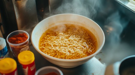 A steaming bowl of noodles surrounded by spices, representing comfort food. This vibrant scene captures the essence of homemade meals in a cozy kitchen setting.の素材