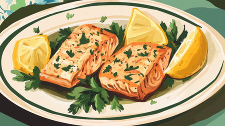 Enjoy a beautifully presented grilled salmon dish garnished with fresh herbs and bright lemon slices, perfect for a gourmet meal or healthy dining experience.の素材