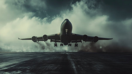 A powerful shot of a plane taking off from the runway, with the engines roaring and lifting off into the sky.の素材