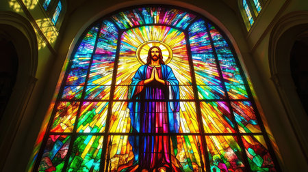 A stained-glass window depicting Jesus Christ in a church, with colorful rays of light streaming through.の素材